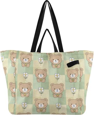 Generic Bear Flower Plaid Yellow print Reusable Canvas Tote Bag, Heavy Duty Grocery Shopping Bag with Double Handles Large Capacity Hard Bottom Work Groceries