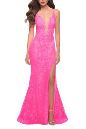 La Femme Stretch Lace Gown with Slit and Open Keyhole Back in Neon Pink at Nordstrom, Size 00