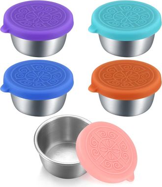 OEM Juego De 5 Peque&ntilde;os Recipientes De Acero Inoxidable De 50 Ml Para Aderezos De Ensalada, Con Tapas De Silicona A Prueba De Fugas. Ideales Para Aperitiv