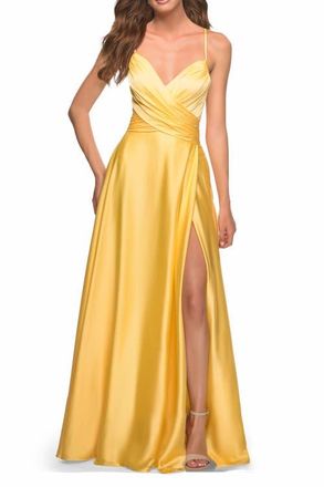 La Femme Bright Satin Gown with Criss-Cross Ruched Top in Yellow at Nordstrom, Size 2