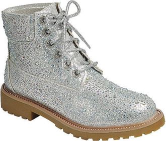 Forever Link Womens Rhinestone Lace Up Combat Ankle Boots, Silver Rhinestone, 4 UK