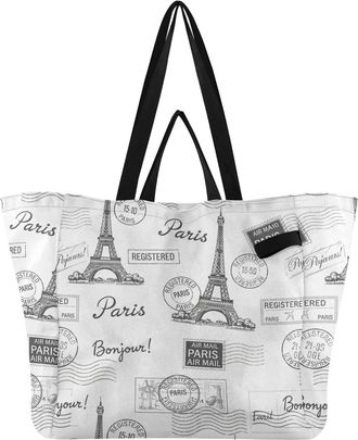 Generic Paris Eiffel Tower White pattern Reusable Canvas Tote Bag, Heavy Duty Grocery Shopping Bag with Double Handles Hard Bottom Large Capacity Work Groceri