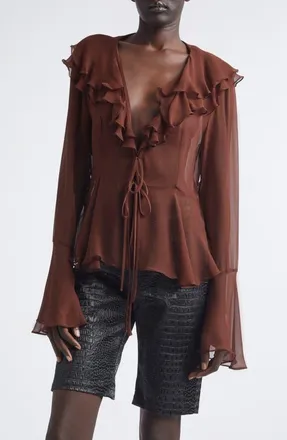 Kim Shui Arianna Silk Chiffon Tie Shirt in Brown at Nordstrom, Size Medium