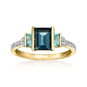 Ross-Simons London and Swiss Blue Topaz Ring With Diamonds in 14kt Yellow Gold