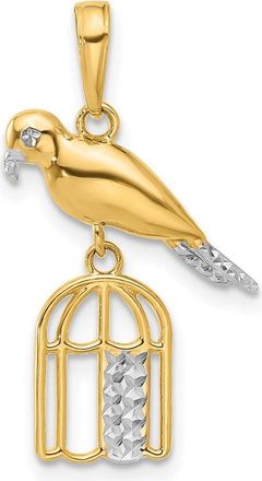 Diamond2Deal 14k Yellow Gold White Rhodium Diamond-Cut Bird on Bird Cage Pendant