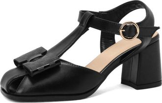Generic Womens Square Toe Summer T-Strap Sandals with Chunky Heel & Buckle Closure, for Casual & Wedding Evening Prom,Black,7.5 UK