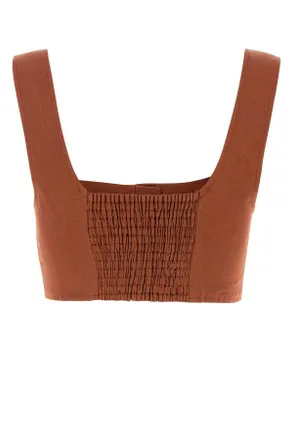 Le Kasha Womens Brick Linen Jirja Crop-Top Harissa Exterior: Organic Maglie