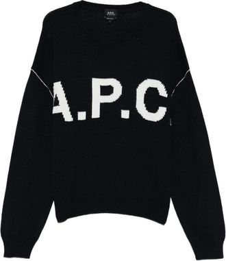 A.P.C. Pull logo - Heren - Ronde hals truien - Blauw - XL - Wol - Truien & Vesten