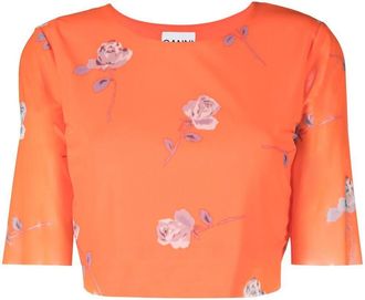 Ganni mesh-detail floral-print T-shirt - women - Elastane/Recycled Polyamide/Recycled Polyamide - 32 - Orange