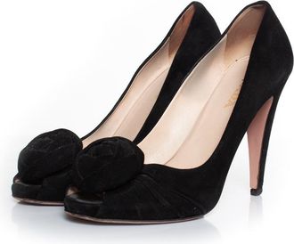 Prada Pre-owned Womens Suede open toe pump with floral application - Black - Size EU 38
