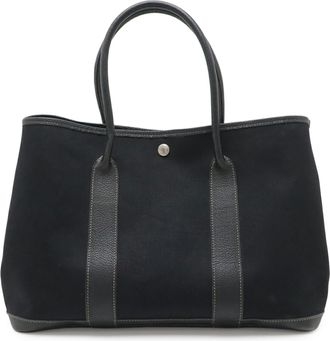 Herm&egrave;s Garden Black Toile Officier Leather Handbag Tote Bag (Pre-Owned)