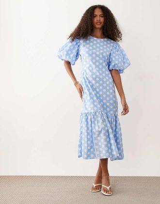 Sister Jane Sister Jane - Seaglass - Gonna midi con vita scesa e maniche a sbuffo blu a pois