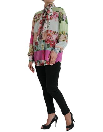 Dolce & Gabbana Womens Multicolor Floral Patchwork Ascot Collar Top Silk Elastane
