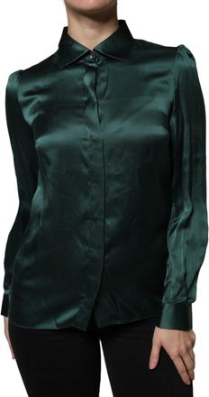Dolce & Gabbana Womens Dark Green Silk Button Down Long Sleeves Blouse Top