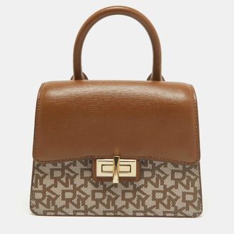DKNY Dkny Brown/beige Monogram Coated Canvas And Leather Flap Top Handle Bag