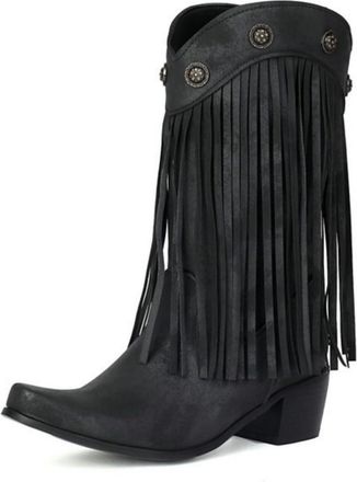 Generic Womens Vintage Cowboy Boots with Chunky Block Heel, Western Fringe and Studded Accents for Country Style,Black,10 UK