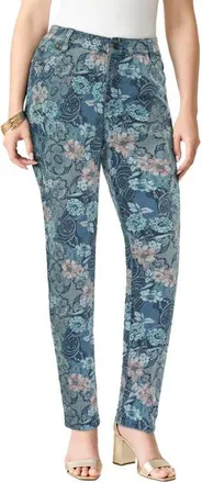 Roaman's Plus Size 24/7 Stretch Straight Leg Jean in Stonewash Rose Paisley at Nordstrom, Size 14