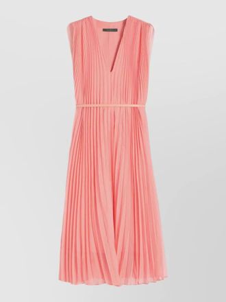 Max Mara v neck sleeveless belted pleated midi dress