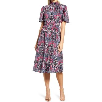 Julia Jordan Ruffle Neck Flutter Sleeve A-Line Dress in Fus Multi at Nordstrom Rack, Size 10