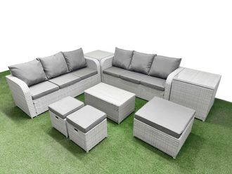 Fimous Outdoor Garden Furniture Sets 9 Seater Wicker Rattan Furniture Sofa Sets w/ Rectangular Coffee Table high Back Lounge Sofa 3 Stools 2 Side