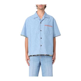 Valentino Short Sleeve Shirts, male, Blue, M, Floral Trim Denim Shirt Relaxed Fit