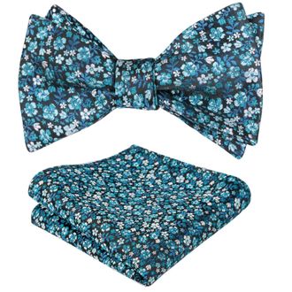 Alizeal Mens Floral Patterned Colorful Classic Self Tied Bow Tie and Pocket Square Set, Black+Teal+White