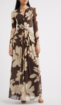 Anne Klein Floral Print Twist Front Long Sleeve Maxi Dress in Molasses Multi at Nordstrom, Size X-Small
