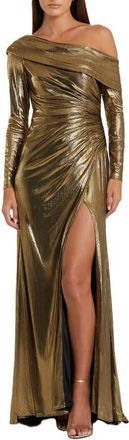 Mac Duggal Long Sleeve Off the Shoulder Metallic Gown in Antique Gold at Nordstrom, Size 16