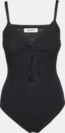 Sandro Black Ribbed Knit Cut-Out Bodysuit Top
