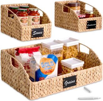 Best Choice Products Hyacinth Angled Pantry Storage Baskets W/ Handles, Chalkboard & Marker (Set of 3) - Natural