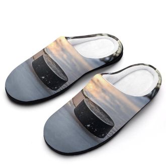 Generic Hockey Puck And Stick Sliding Across The Ice Womens Slippers Warm House Slippers Indoor House Shoes with Anti-Skid Rubber Sole