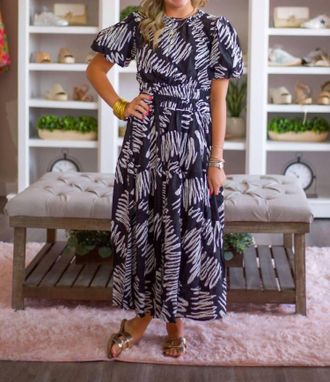 THML Clothing Printed Puff Sleeves Long Dress In Black