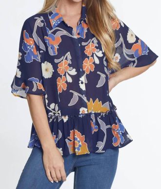 Multiples Flounce Dolman Sleeve Peplum Top In Navy