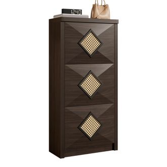 STILVORA Zapatero Vintage Con Decoraci&oacute;n De Rat&aacute;n, 3 Compartimentos Abatibles, Aspecto De Madera Marr&oacute;n Oscuro, Ahorra Espacio 54 X 25 X 115 Cm, Mueble De Reci