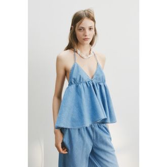 H&M Denim Halterneck Top in Light Denim Blue at Nordstrom, Size X-Small