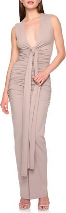 Susana Monaco Plunge Neck Tie Neck Dress in Sandstone at Nordstrom, Size Medium
