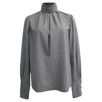 Chlo&eacute; Pleated Neckline Long Sleeve Blouse in Grey Wool
