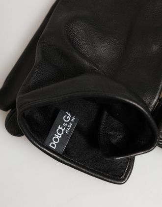 Dolce & Gabbana Black Leather Embellished Long Mitten Womens Gloves