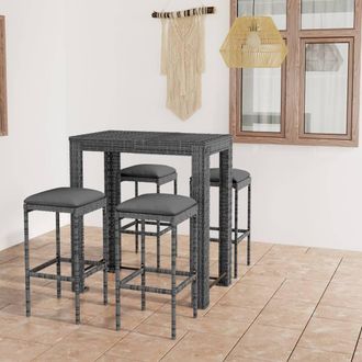 vidaXL Set Muebles Bar Jard&iacute;n 5 Piezas Y Cojines Rat&aacute;n Sint&eacute;tico Gris Vidaxl