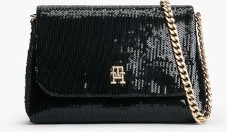Tommy Hilfiger Womens Monogram Sequined Flap Crossbody Bag - Black