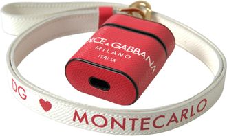 Dolce & Gabbana Womens Red Leather Gold Tone Metal Logo Print Strap Airpods Case Calf Accessory