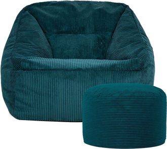 Icon Brand Corduroy Bean Bag Armchair & Round Beanbag Footstool in Teal