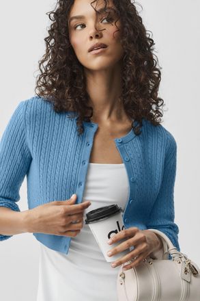 Alo | Mini Cable Sweater Cardigan Top in California Blue, Size: Medium