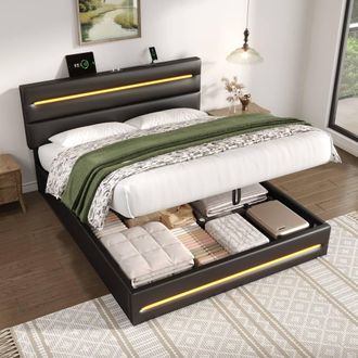 Merax Faux Leather Upholstered Ottoman Bed with LED Lighting & Charging in Black | Size: Double