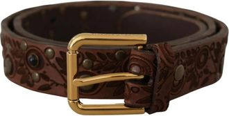 Dolce & Gabbana Prachtige Geborduurde Bloemige Leren Riem - Heren - Riemen - Bruin - ONE Size - Leer - Accessoires