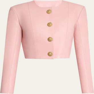 Balmain Buttoned Strong-Shoulder Leather Crop Jacket