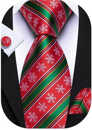 Barry.Wang Christmas Tie Silk Red Green Xmas Ties for Men Snowflake Necktie Pocket Square Cufflinks Festival Party