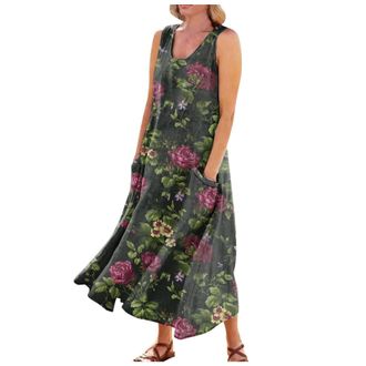 Generic Baggy Dresses Summer Oversized Flowy Floral Printed Round Neck Sleeveless Dresses Casual Maxi Vest Dress with Pockets Boho Clothes for Women (Wine, 4X