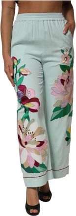Dolce & Gabbana Groene Bloemen Garterized Pyjamabroek - Dames - Wijde Broeken - Groen - S - Broeken
