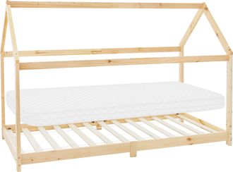 ML Design Ml-design - Cama Infantil De Madera Maciza De Pino Natural 90 X 200 Cm Con Colch&oacute;n De Espuma Fr&iacute;a Oeko-tex 100 Somier Armaz&oacute;n De Listones Techo Forma 